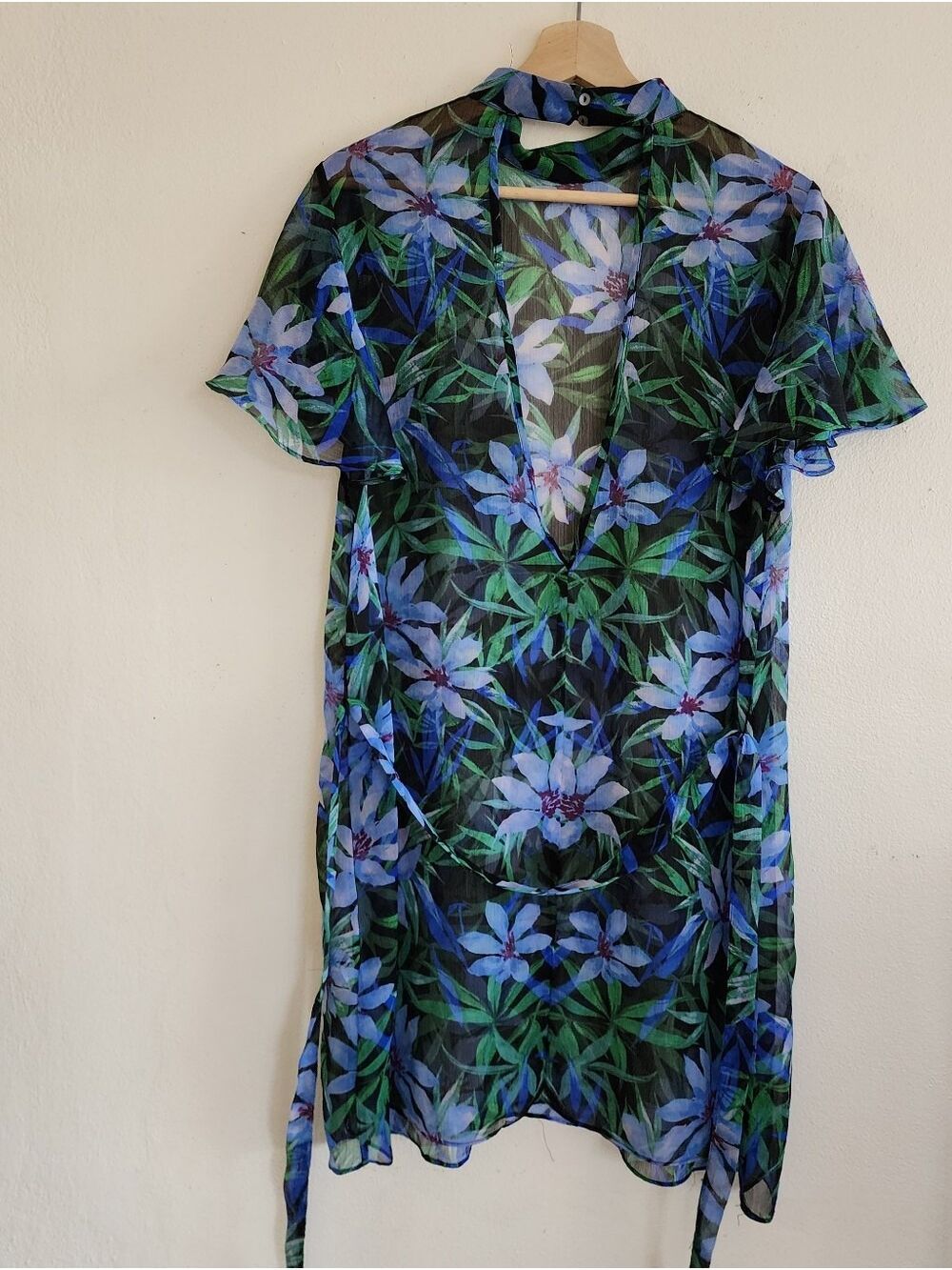 Forever 21 Sheer Floral Mock Neck Open Back Tie Waist Mini Dress - Picture 10 of 15